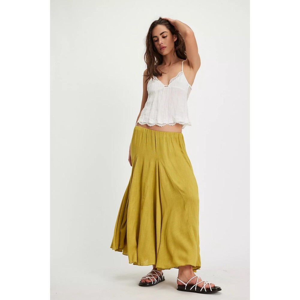 Free People Madras That Solid Linen Maxi Skirt A Line Godet Mid Rise S 286622